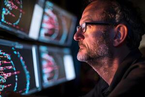 Programmer looking at complex code on a curved monitor in a dark room intense focus photo