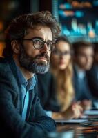corporate team analyzing data on a digital screen, business meeting scene photo