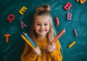 smiling girl holding pencils in front of chalkboard with ABC letters, bright background photo