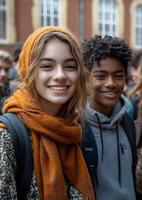 group of diverse students smiling in front of school building with books photo