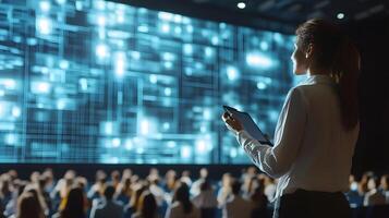 female professor teaching university students in large lecture hall with digital screen backdrop photo