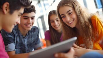 student joining online group discussion using conferencing software on tablet. photo
