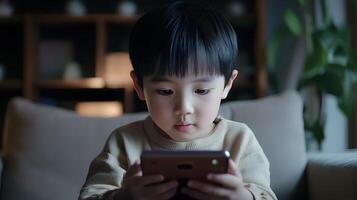 focused child participating in online quiz using interactive app photo