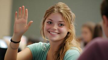smiling student waving goodbye at end of online class session photo