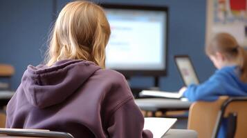 online classroom in progress on screen while student writes notes on paper photo