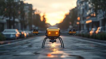 drone delivery in urban areas, showcasing package drop-off and navigation photo