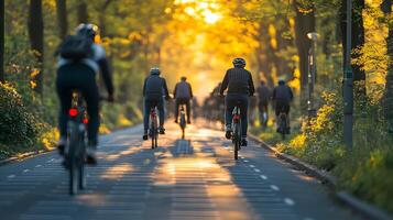 Cyclists on smart bicycle lanes equipped with solar panels and sensors photo