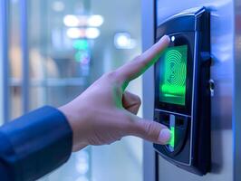 digital fingerprint scanning access system, security technology concept photo