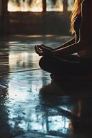 meditation session calm space cross-legged pose tranquil setting photo