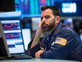 a trader stressed over falling stock prices sitting at a desk photo