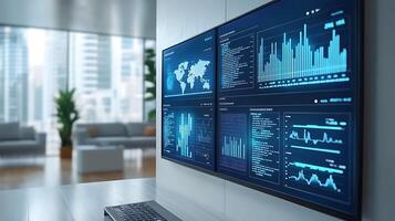clean white workspace with floating 3D charts and digital analytics panels photo