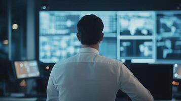 security guard monitoring surveillance screens in control room photo