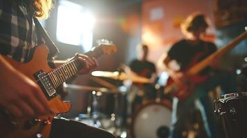 musicians rehearsing with instruments in soundproof studio. photo