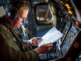 pilot reviewing flight checklist inside cockpit photo
