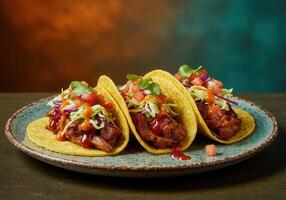 Three flavorful tacos sit on a plate, filled with meat and fresh toppings. photo