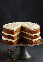 A beautifully decorated three-layer cake with a slice removed, ready to be served. photo