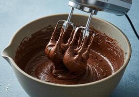 A close up image of a rich chocolate batter being mixed with an electric mixer. photo