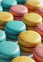An inviting close-up featuring colorful macarons in an appealing and appetizing arrangement. photo