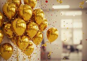 A cluster of shiny golden balloons with colorful confetti in a festive setting. photo