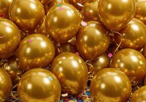 Gold balloons are clustered together creating a shiny and festive background. photo