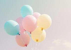 A cluster of pastel colored balloons floating joyfully against a soft, clear sky. photo