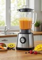 A refreshing smoothie is being made with fresh fruit in a stylish modern blender. photo