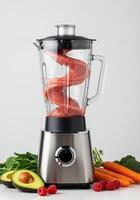 A blender filled with a swirl of red smoothie surrounded by fresh produce. photo