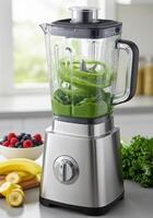 A close up view of a blender filled with a green smoothie, surrounded by fresh fruit. photo