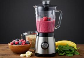 A blender filled with a vibrant berry smoothie, ready to be enjoyed on a wooden surface. photo
