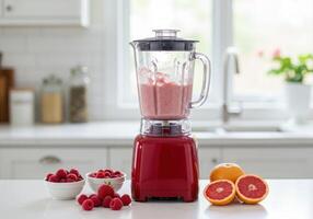 A red blender making a pink fruit smoothie with fresh raspberries and grapefruit. photo
