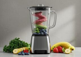 A blender filled with fresh fruits and vegetables ready to be turned into a healthy smoothie. photo