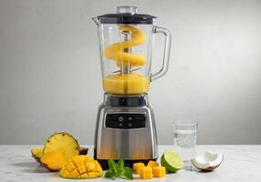 Fresh fruits and blender ready to make a refreshing and tasty tropical smoothie. photo