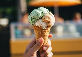A refreshing ice cream cone with multiple scoops, perfect for a warm day. photo