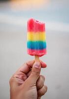 A refreshing, colorful popsicle with a bite taken out of it, held up in hand. photo