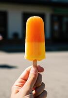 A refreshing two-toned popsicle on a stick held up against a bright outdoor backdrop. photo