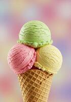A delectable ice cream cone featuring three colorful scoops in a waffle cone. photo