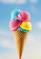 An appealing ice cream cone with various colorful ice cream scoops on a sunny day. photo