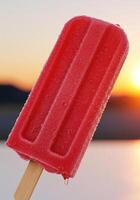 A close up of a bright red popsicle with water droplets and wooden stick against sunset photo