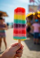 A refreshing, vibrant, and colorful layered ice pop is held by a hand under the sun. photo