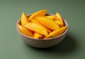 Vibrant sliced mangoes elegantly displayed in a bowl on a soft, inviting green surface. photo