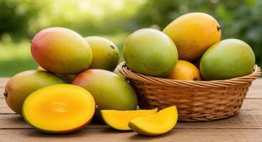 A beautiful display of fresh mangoes, some whole and some cut open on a wooden surface. photo