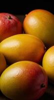 Vibrant close up shot of a collection of ripe mangoes with stunning color and texture. photo