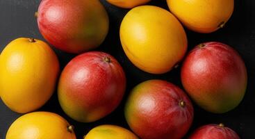 A cluster of ripe mangoes arranged on a dark surface, showcasing their colorful skin. photo