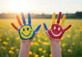 Two hands display colorful smiley faces, a cheerful display of joy in a sunny field. photo