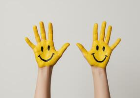 Two hands painted with smiling faces express joy and happiness through a simple gesture. photo