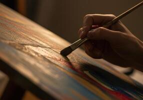 A close-up view of an artist's hand gently applying paint onto a canvas with a brush. photo
