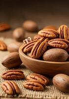 A beautiful wooden bowl overflowing with fresh, delicious pecan nuts on a burlap surface. photo