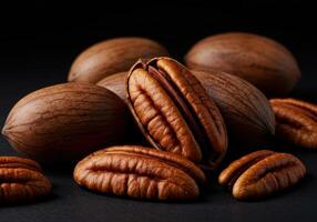 A selection of pecan nuts, both shelled and unshelled, presented on a dark surface. photo
