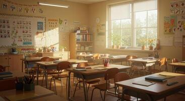 A warmly lit classroom with rows of student desks, creating a peaceful learning space. photo