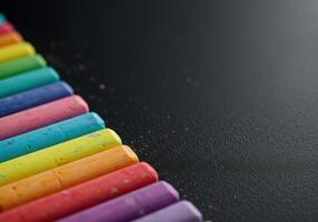 A row of colorful chalk sticks forms a diagonal line against a black backdrop. photo